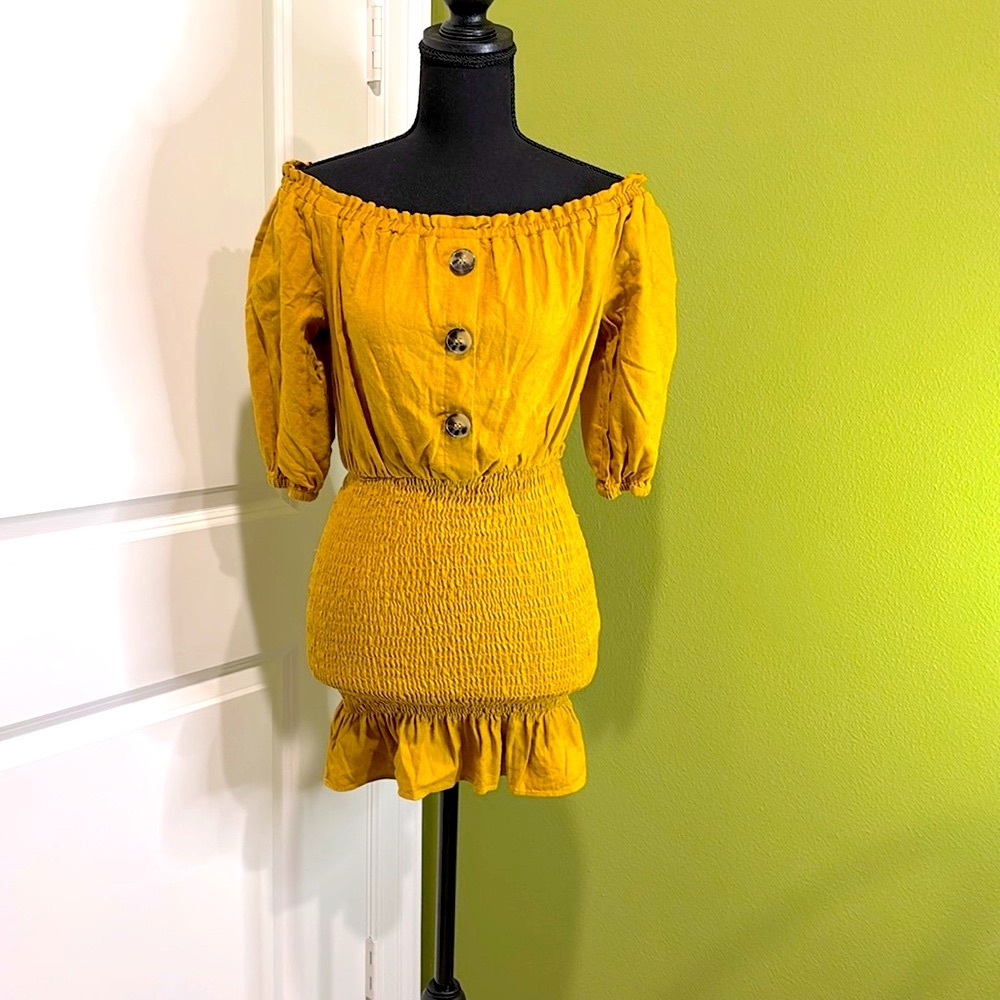 Zara Off Shoulder Linen Blend Bodycon Mini Dress Mustard Size Extra Small
